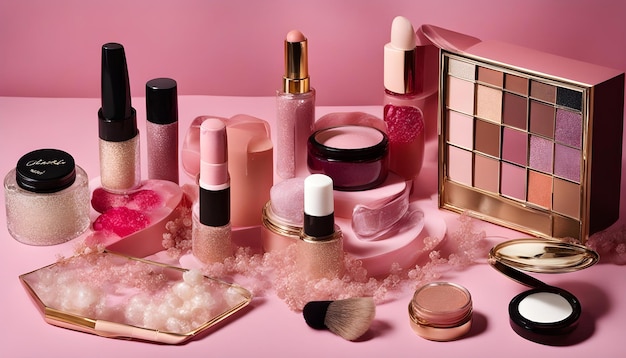 a pink display of cosmetics including a box of makeup