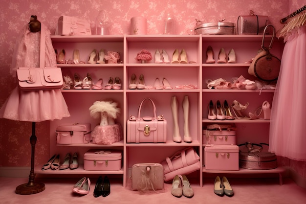 A pink display of shoes and bags in a pink room.