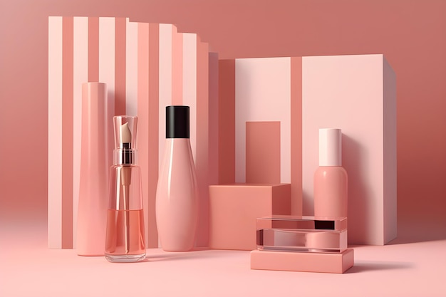 A pink display of various beauty products including a bottle of perfume.