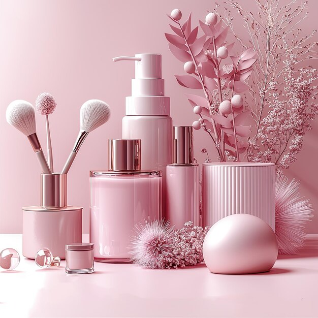 Photo a pink display of various cosmetics including one that says quot beauty quot