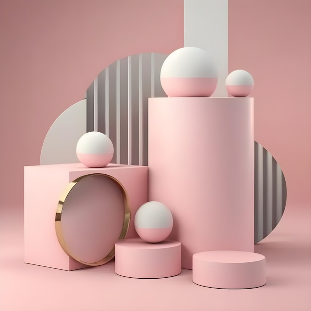 A pink display with a round box and a round box with a white ball on it.