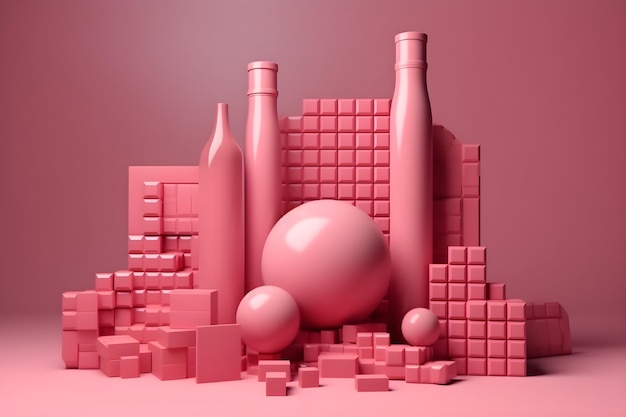 A pink display with various objects including a bottle, a ball, and a glass.