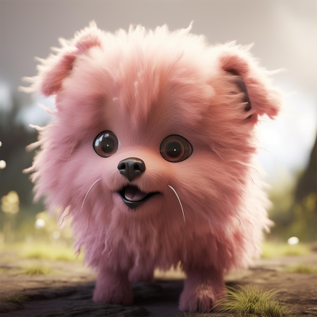 A pink dog with a black nose and pink eyes.