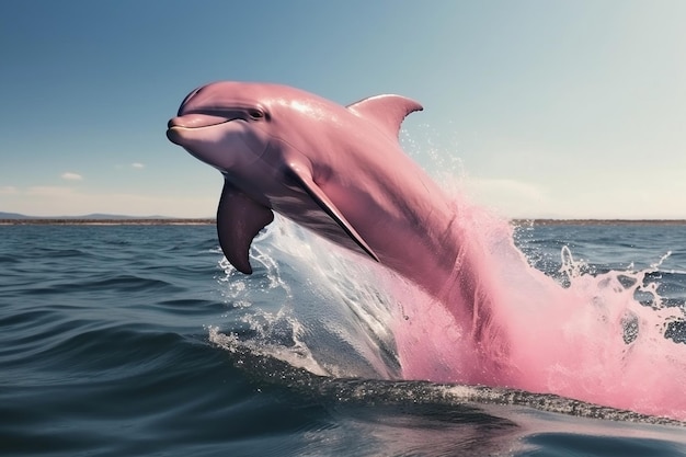 A pink dolphin jumps out of the water.