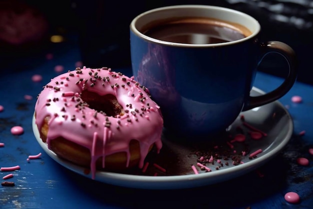 Pink donut and blue cup of coffee on a dark background