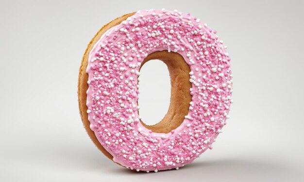 Photo pink donut shaped as letter o sprinkled with white and pink sprinkles