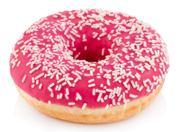 Pink donut with colorful sprinkles isolated on white background.