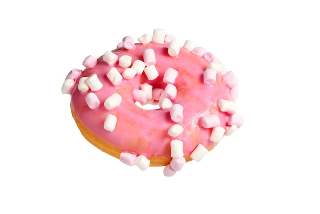 Pink donut with marshmallow isolated on white