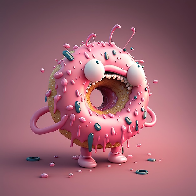 A pink donut with a mouth and eyes is surrounded by sprinkles.