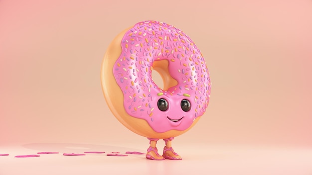 A pink donut with a pink face and a pink face is walking on a pink surface.