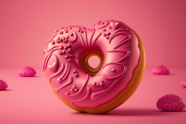 A pink donut with a pink frosting on it