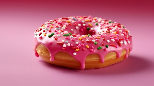 A pink donut with sprinkles on it