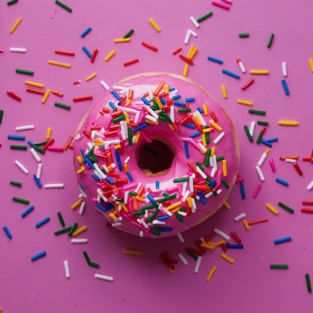 Photo pink donut with sprinkles tempting and vibrant photo