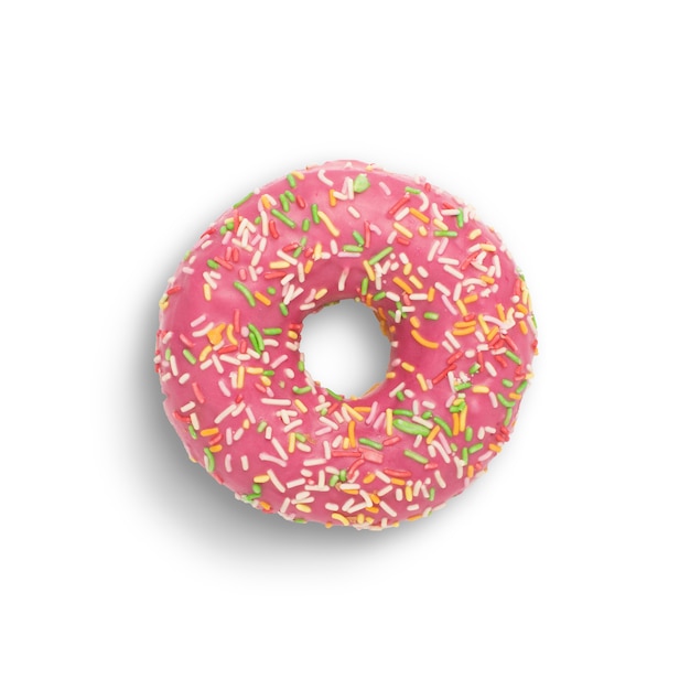 pink donut with sprinkles on a white background