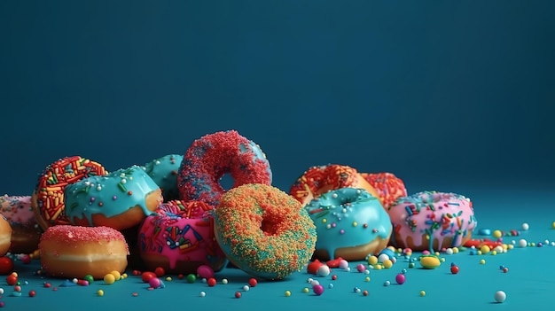 Pink donuts with colorful sprinkles on yellow background Generative Ai