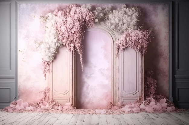 A pink door with a flowered frame and a pink background.