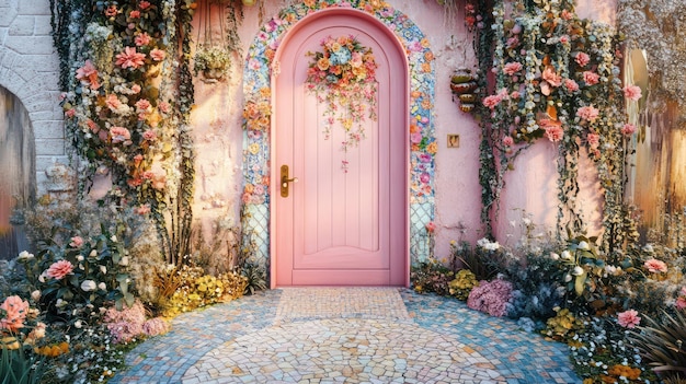 Photo a pink door with flowers on it and a pink door with a pink door