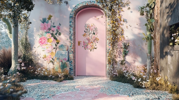 Photo pink door with flowers on the wall