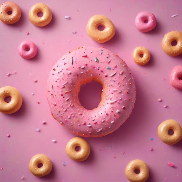 a pink doughnut with sprinkles and sprinkles on a purple background