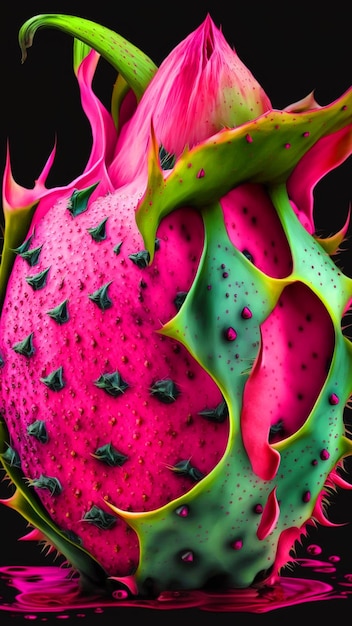 A pink dragon fruit with green and pink colors.