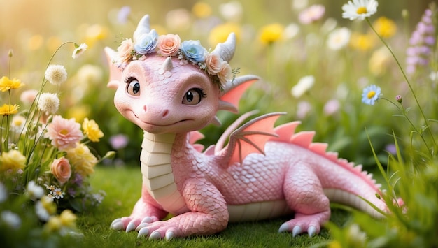 Photo a pink dragon with a flower crown on its head