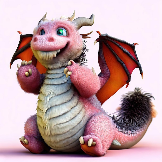 A pink dragon with a red tail and blue eyes is sitting on a pink background.