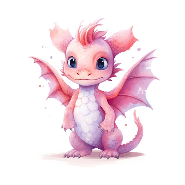 A pink dragon with wings and a pink tail.