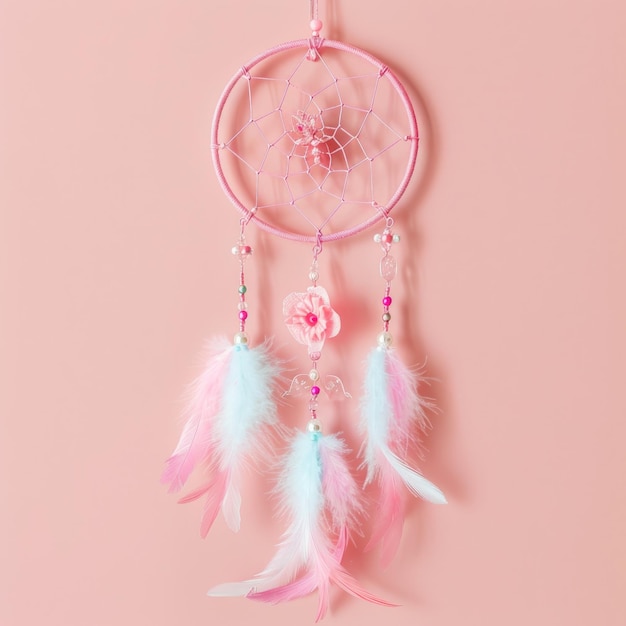 Photo pink dreamcatcher with feathers and beads on pink background