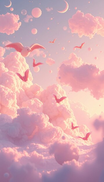 Photo pink dreamy clouds with flying birds