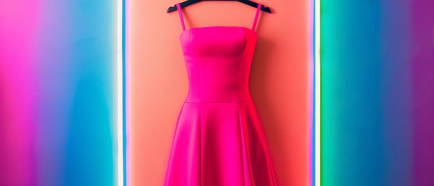 Photo pink dress hanging on hanger with colorful backgrounds minimalist fashion photography in a studio setting