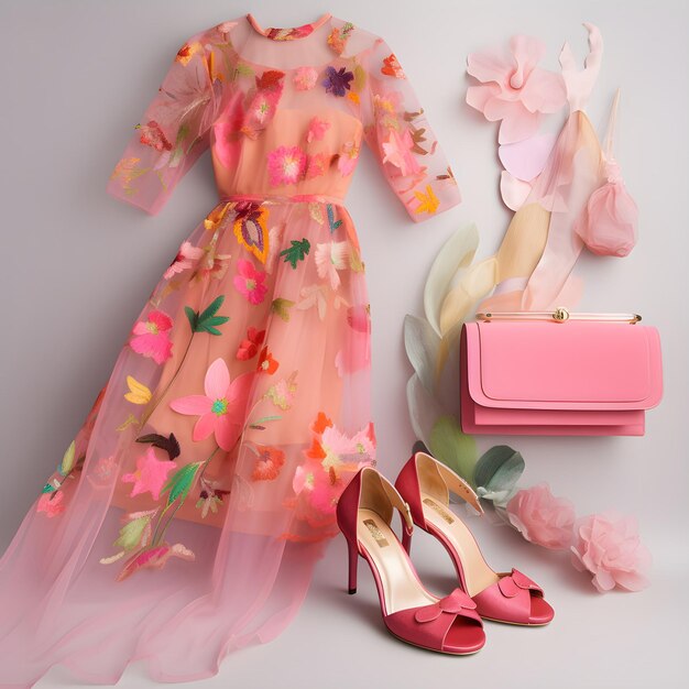 A pink dress with a butterfly pattern is next to a purse and a pink purse.