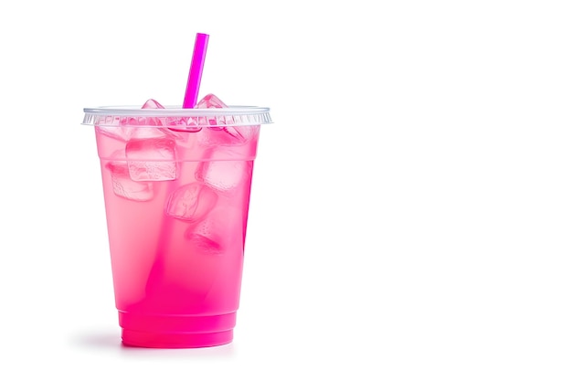 Pink drink in plastic cup isolated on white background Take away drinks concept with copy space