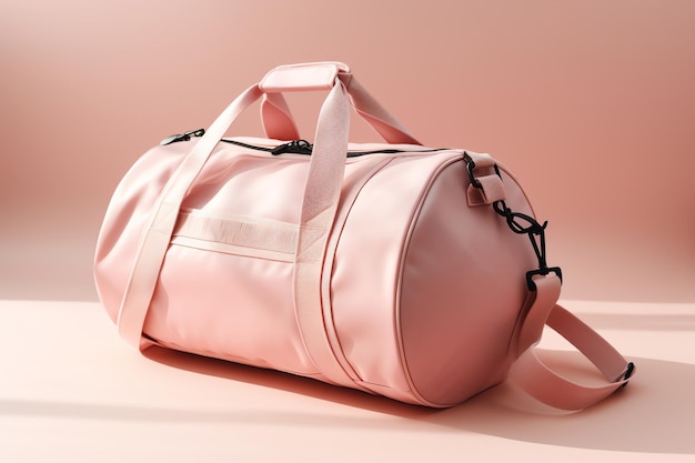 A pink duffel bag is on a pink background.