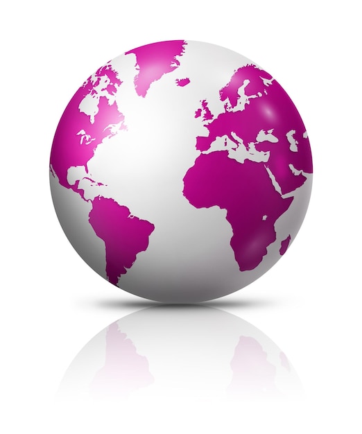 Pink earth globe isolated on white background