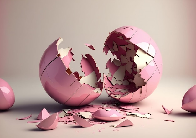 Pink easter egg cracked open and broken into pieces digital illustration artwork