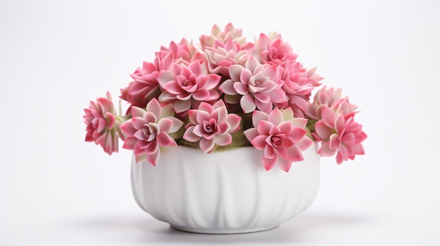 Pink echeveria cupid flowers in white ceramic pot isolated on white background