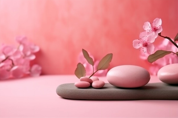 A pink egg sits on a rock with a branch of flowers on it.