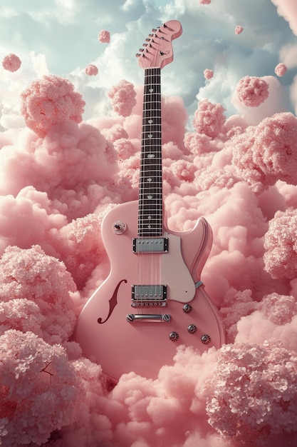 Photo pink electric guitar surrounded by colorful balloons and festive decorations