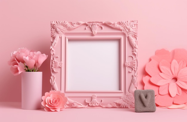 Pink empty frame with decoration and flowers Generative ai