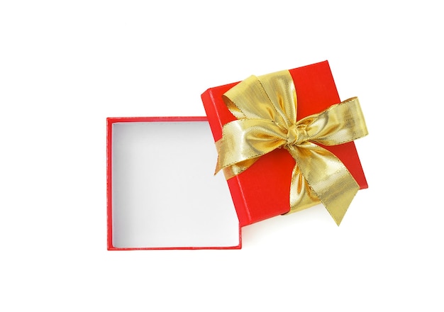 Pink empty gift box open with golden golden bow and ribbon isolated on white