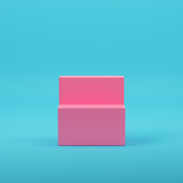 Pink empty product display stand on bright blue background in pastel colors. Minimalism concept. 3d render