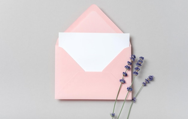 Pink envelope square invitation white greeting card mockup with a flowers lavender branch