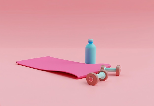 Photo a pink exercise mat with a blue bottle of water and a pink bottle of water.