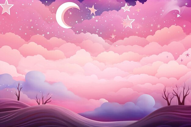 Photo pink fairytale sky background with stars and rainbow