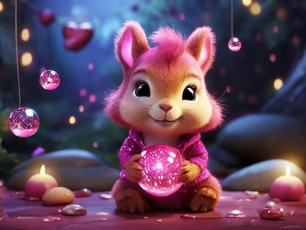 Photo pink fantasy squirrel holding heart in magical forest setting