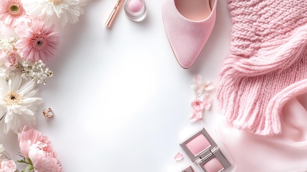 Pink Fashion Flatlay with Flowers and Accessories