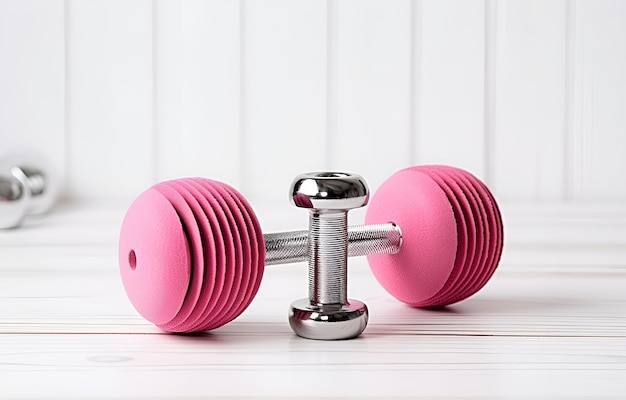 pink female dumbbells and ball on a light wooden floor on light sports hall background