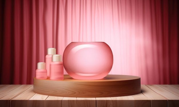 A pink fish bowl with a fish tank on a wooden table.