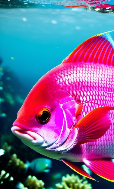 A pink fish with a blue background