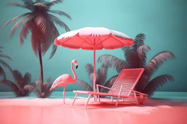 A pink flamingo and a beach umbrella are in front of a green wall.